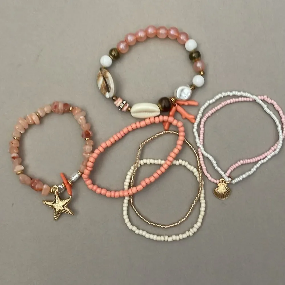 Coral and Gold Beaded Bracelet Set A1230